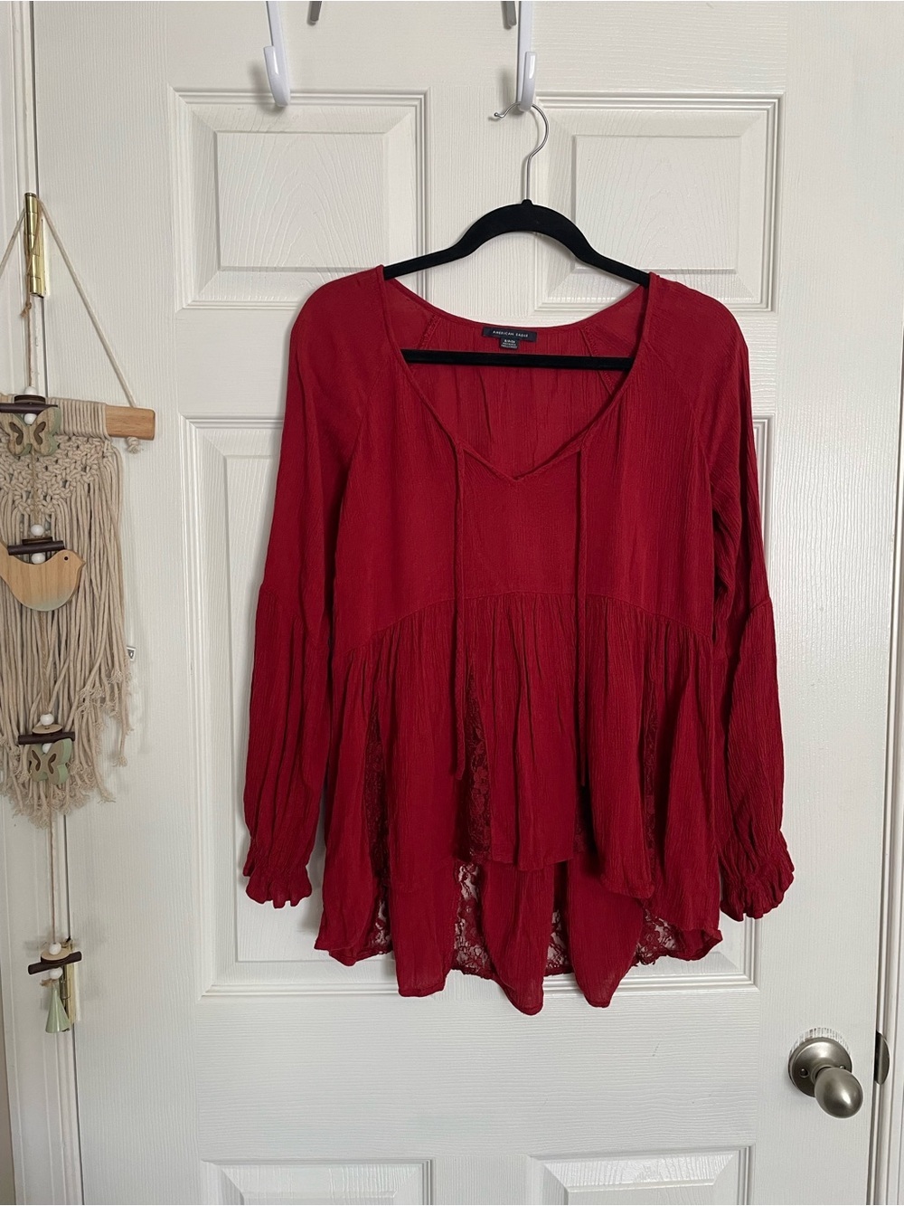 American Eagle Women’s size Small Red Blouse with Lace Hem High Low